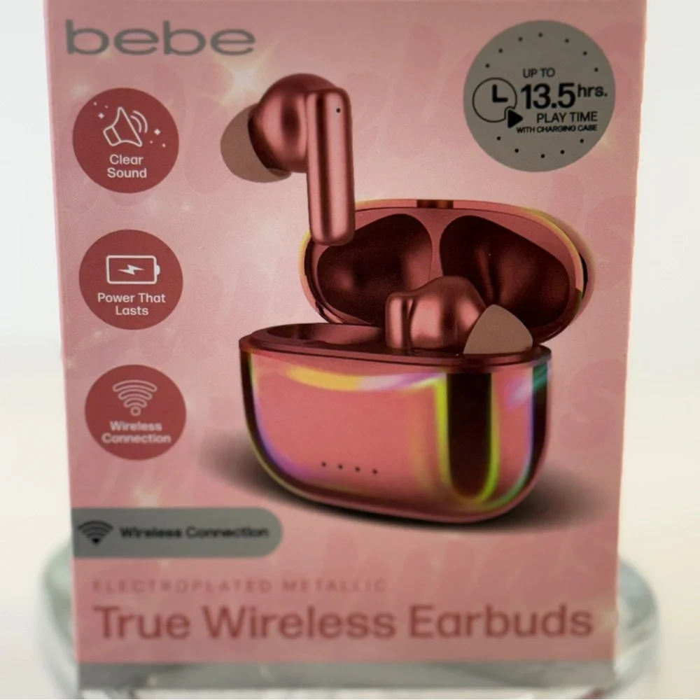 🆕 BEBE Metallic Rose True Wireless Earbuds – Clear Sound, Compact Charging Case